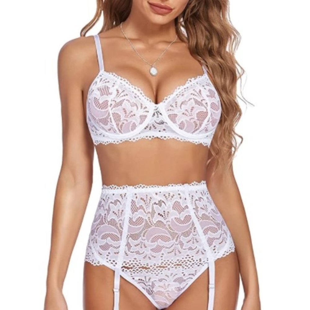 Women's White Lace Floral Underwire High Waist Garter Belt G String Lingerie Set